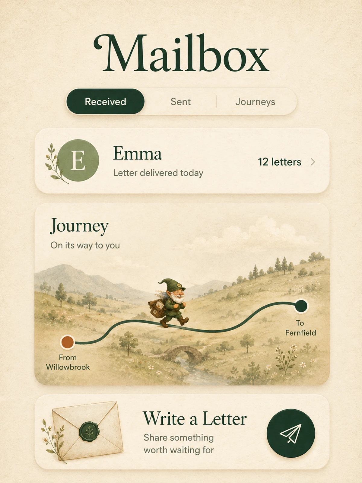 Preview of the Postfolk app showing a letter journey and mailbox.